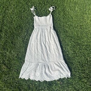 White Eyelet Tie-Strap Midi Dress